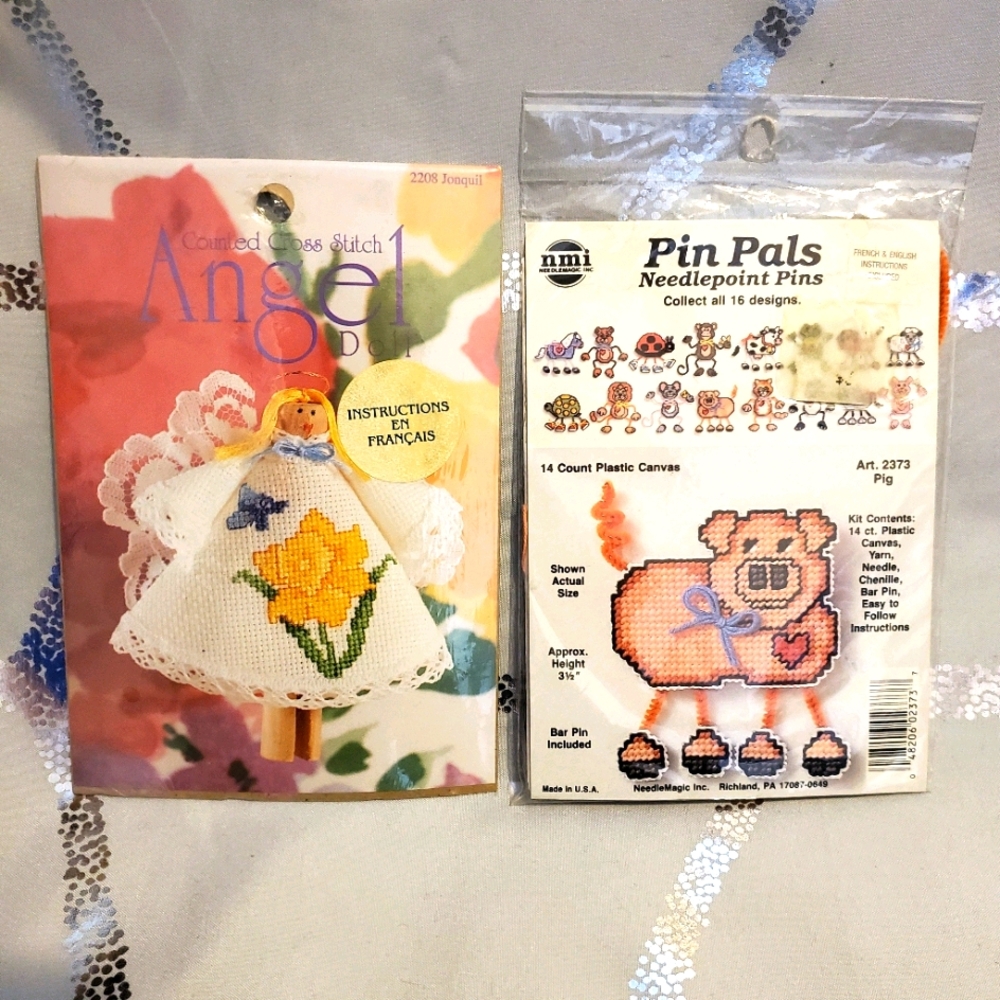 Cross Stitch Kits, Pig, Angel Pins Embroidery. Floss